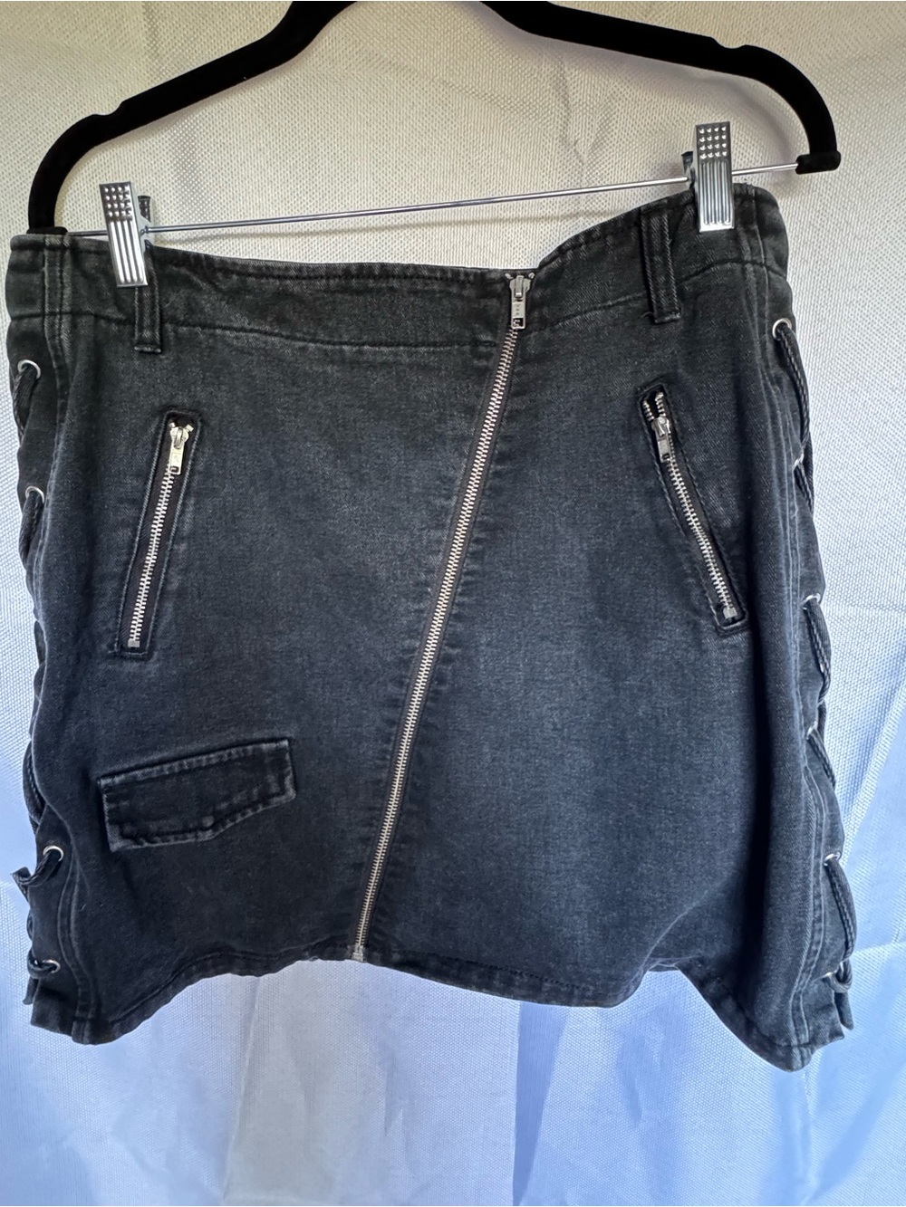 Y2K Black Denim Mini Skirt with Asymmetric Zip & Lace-Up Sides